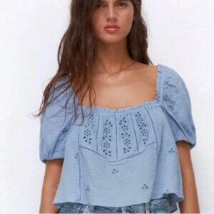 Zara Openwork Eyelet Puff Sleeve Top